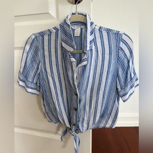 H&M Blue white striped crop top blouse size 2